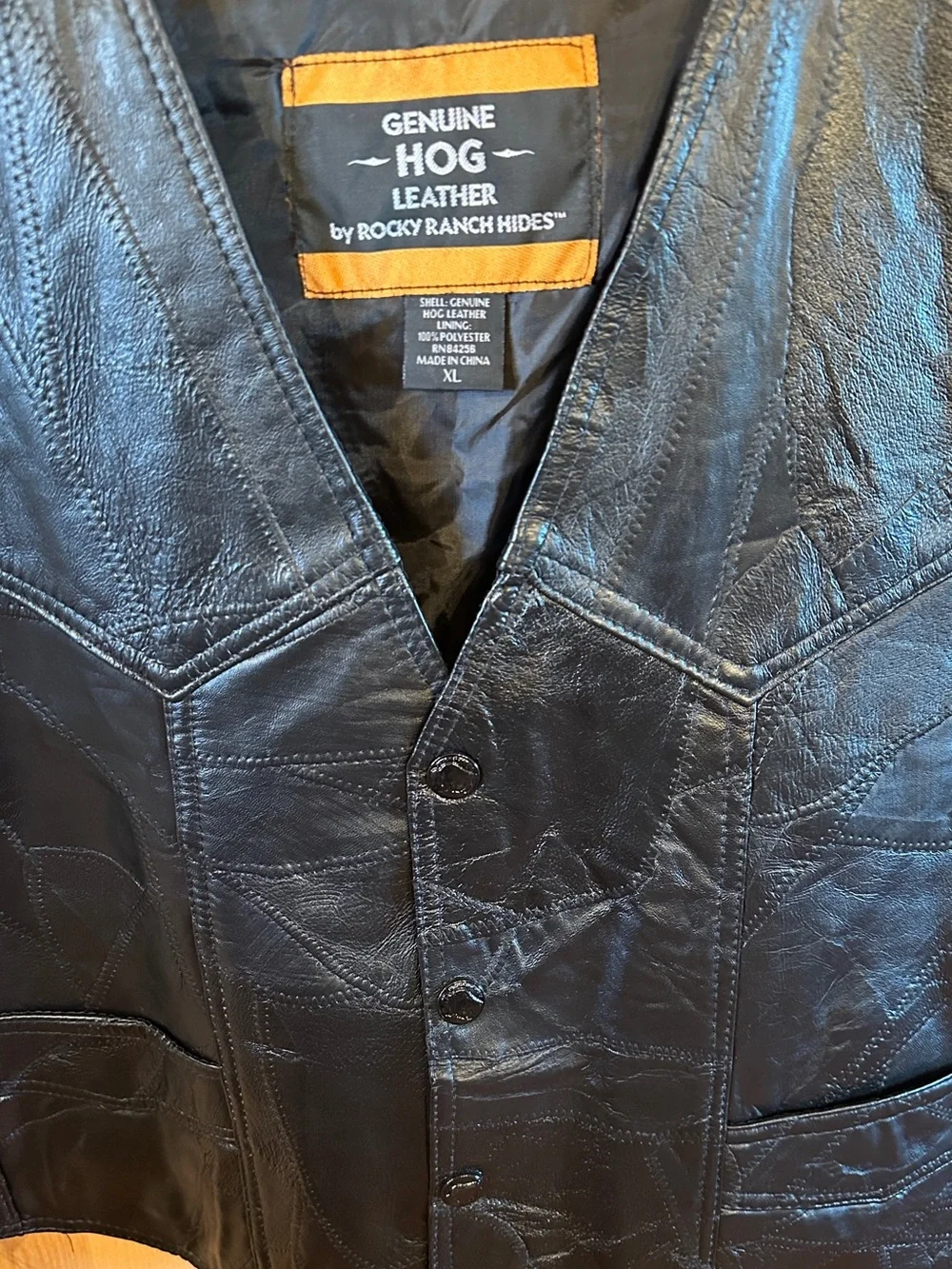 Rocky Ranch Hides Genuine Hog Leather Biker Vest featuring a patchwork design.